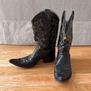 Rodeo Bravo Black Lizard Leather Embroidery Cowboy Boots Vintage 90s Western 9.5